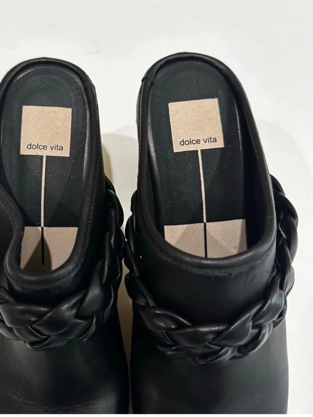 Dolce Vita Black Leather Braided Clog Mules with Wooden Platform Shoes NWOT - Picture 7 of 15